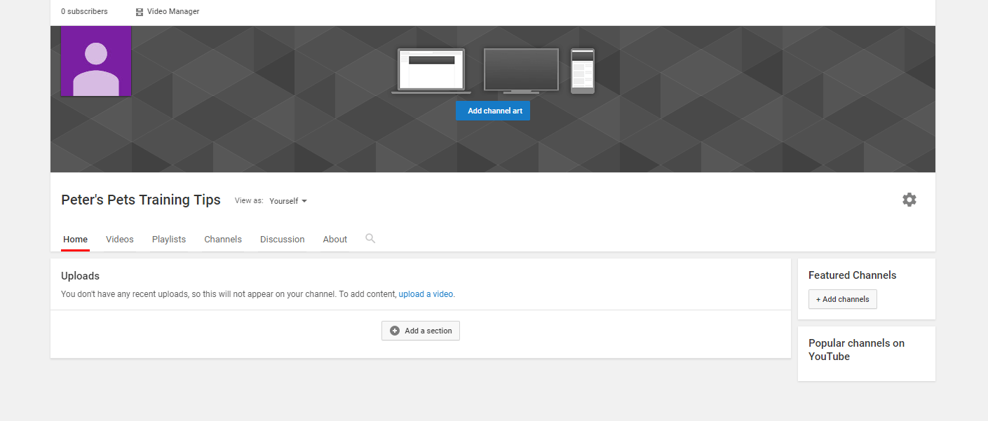 The home page for a new company YouTube channel.
