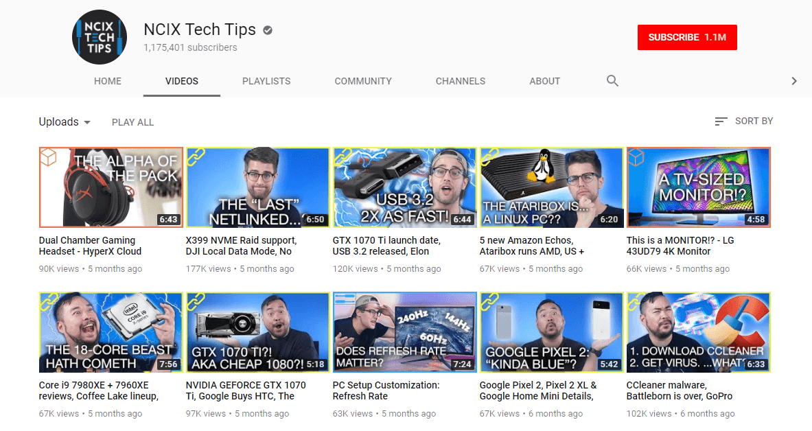 The NCIX Tech Tips company YouTube channel.
