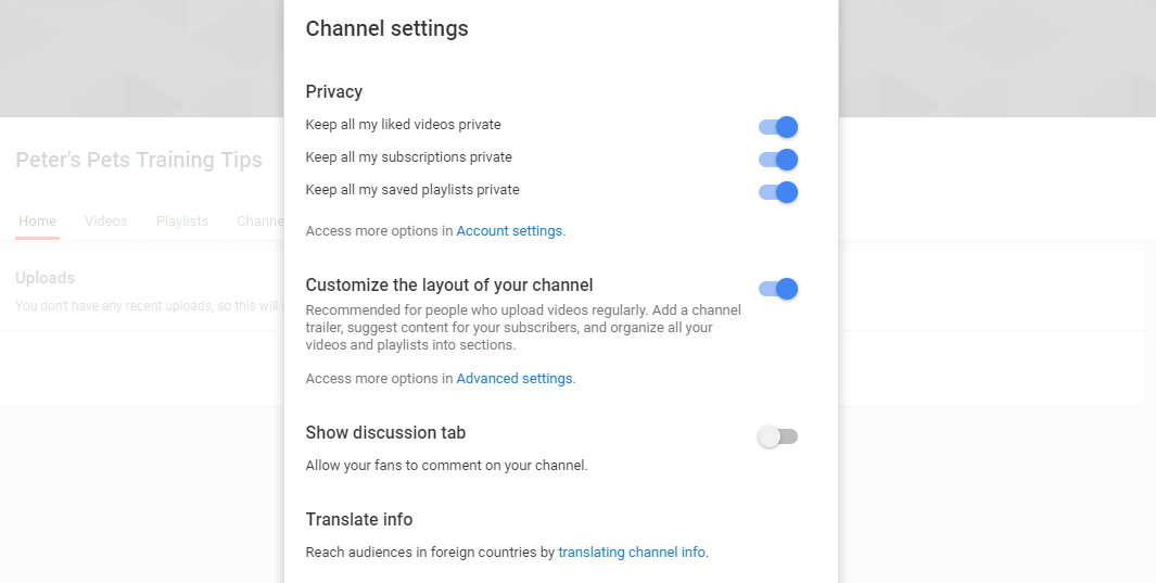 Configuring your company YouTube channel settings.
