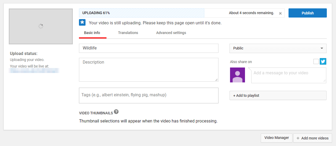 Uploading a YouTube video.