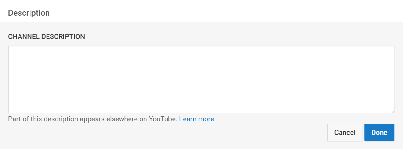 The YouTube channel description field.