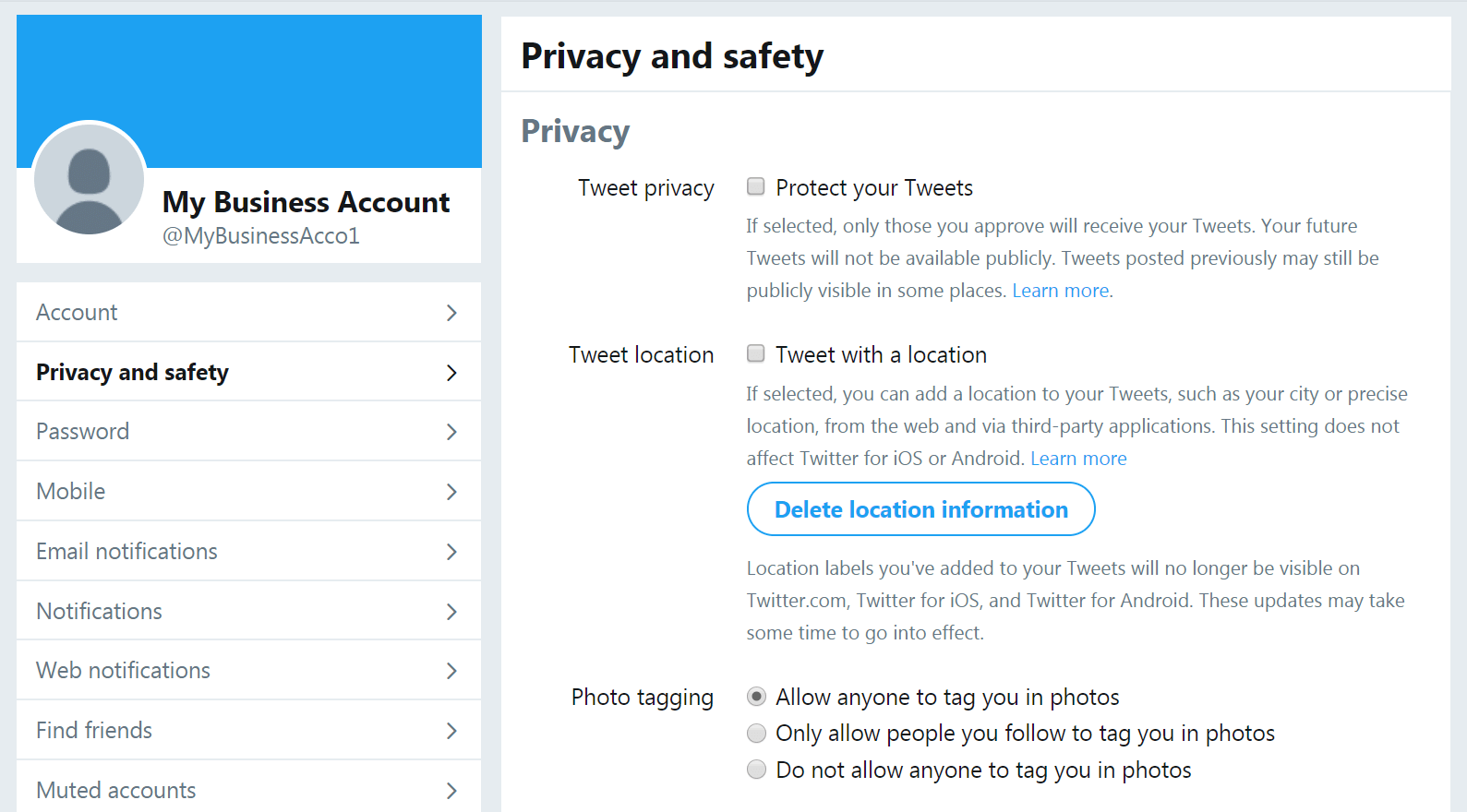 The Twitter settings page.