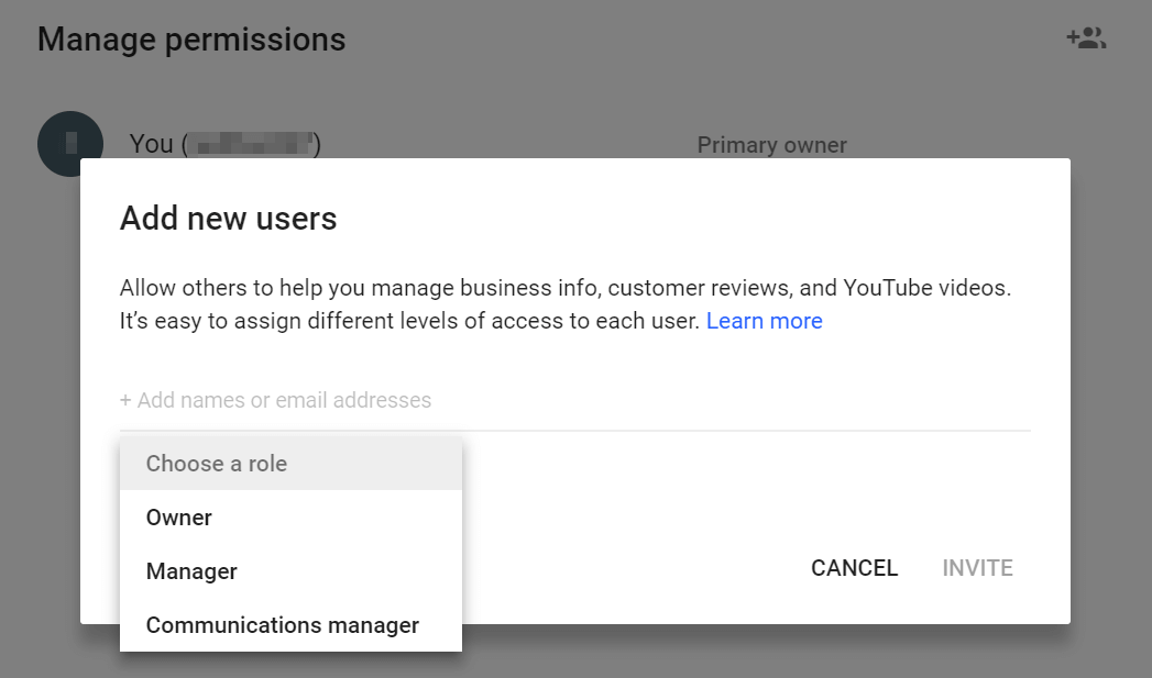 Inviting a new user to your YouTube brand account.