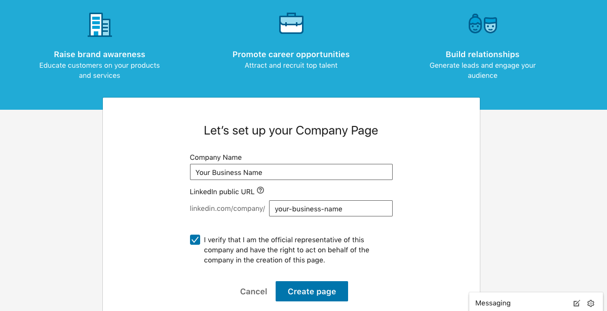 Setting up a LinkedIn company page.